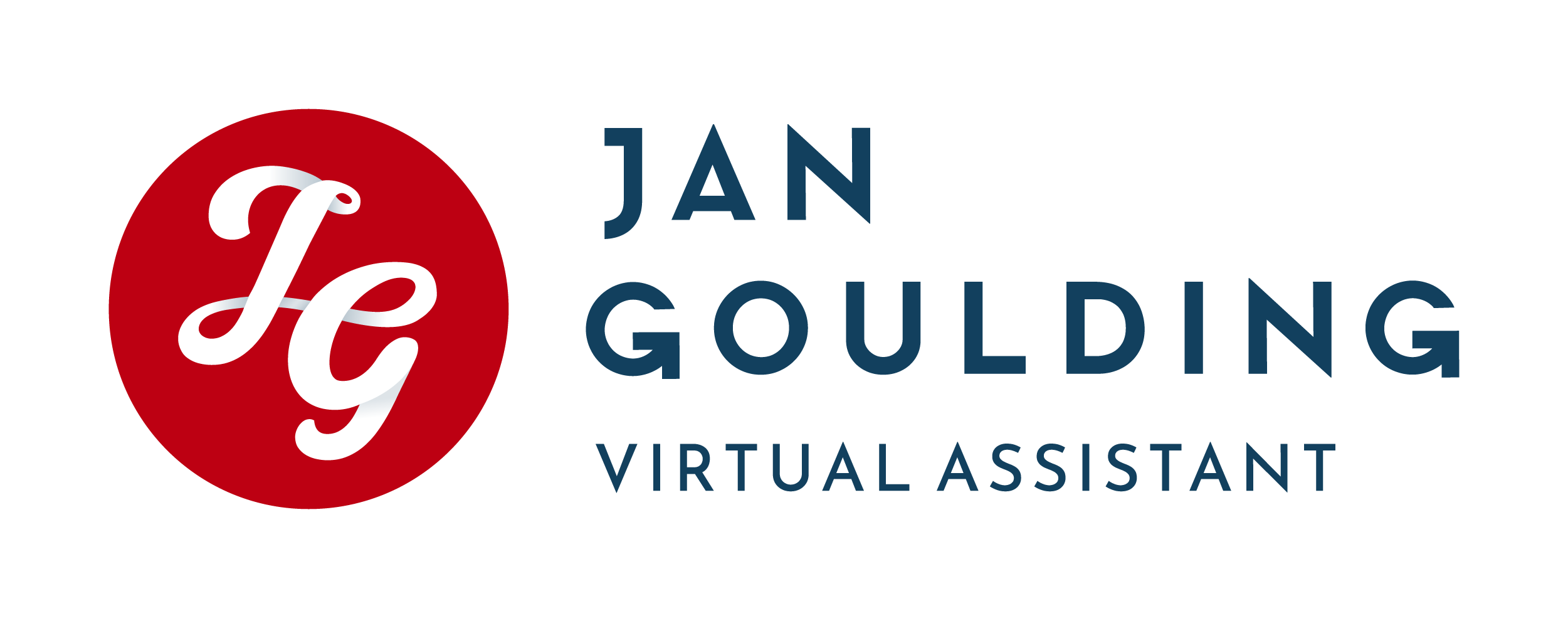 On the left a red circle with the letters J and G drawn in white as a signature motif. To the right are the words Jan Goulding Virtual Assistant.